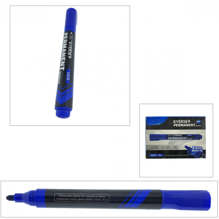 Set 12 markere albastre permanente cu varf rotund 2.5mm, rezistente la apa, scriere lina, model Everyday U216, lungime 145 mm, cu capac [5]