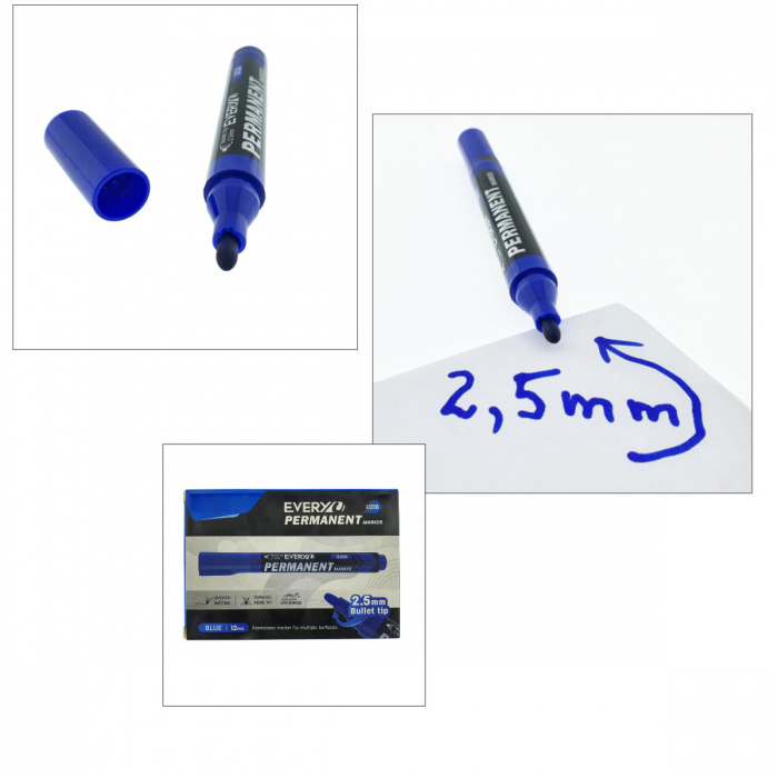 Set 12 markere albastre permanente cu varf rotund 2.5mm, rezistente la apa, scriere lina, model Everyday U216, lungime 145 mm, cu capac [4]