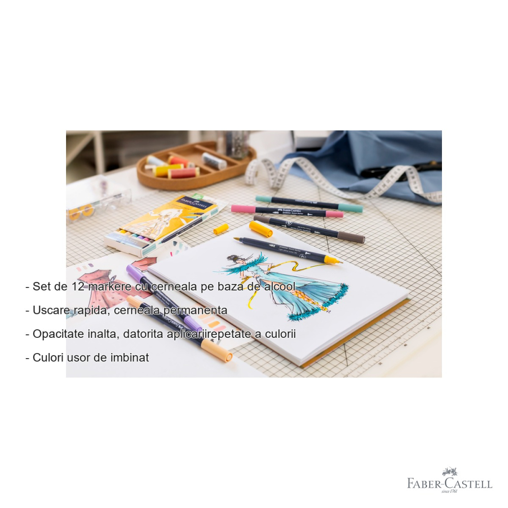 Set 12 markere cu 2 capete Faber-Castell Goldfaber, cerneala alcool, varf pensula si fineliner, pentru desen artistic [2]