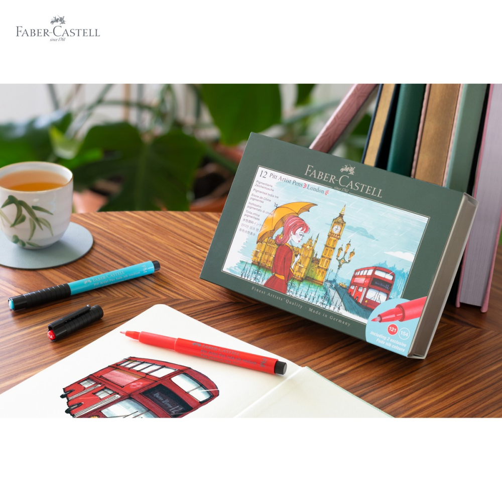 Set 12 markere Faber-Castell Pitt Artist Pen Cities London, varf pensula flexibil, cerneala rezistenta la apa [5]