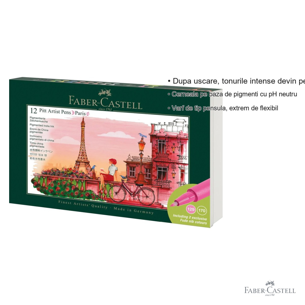 Set 12 markere Faber-Castell Pitt Artist Pen Cities Paris, varf pensula flexibil, cerneala rezistenta la apa [3]