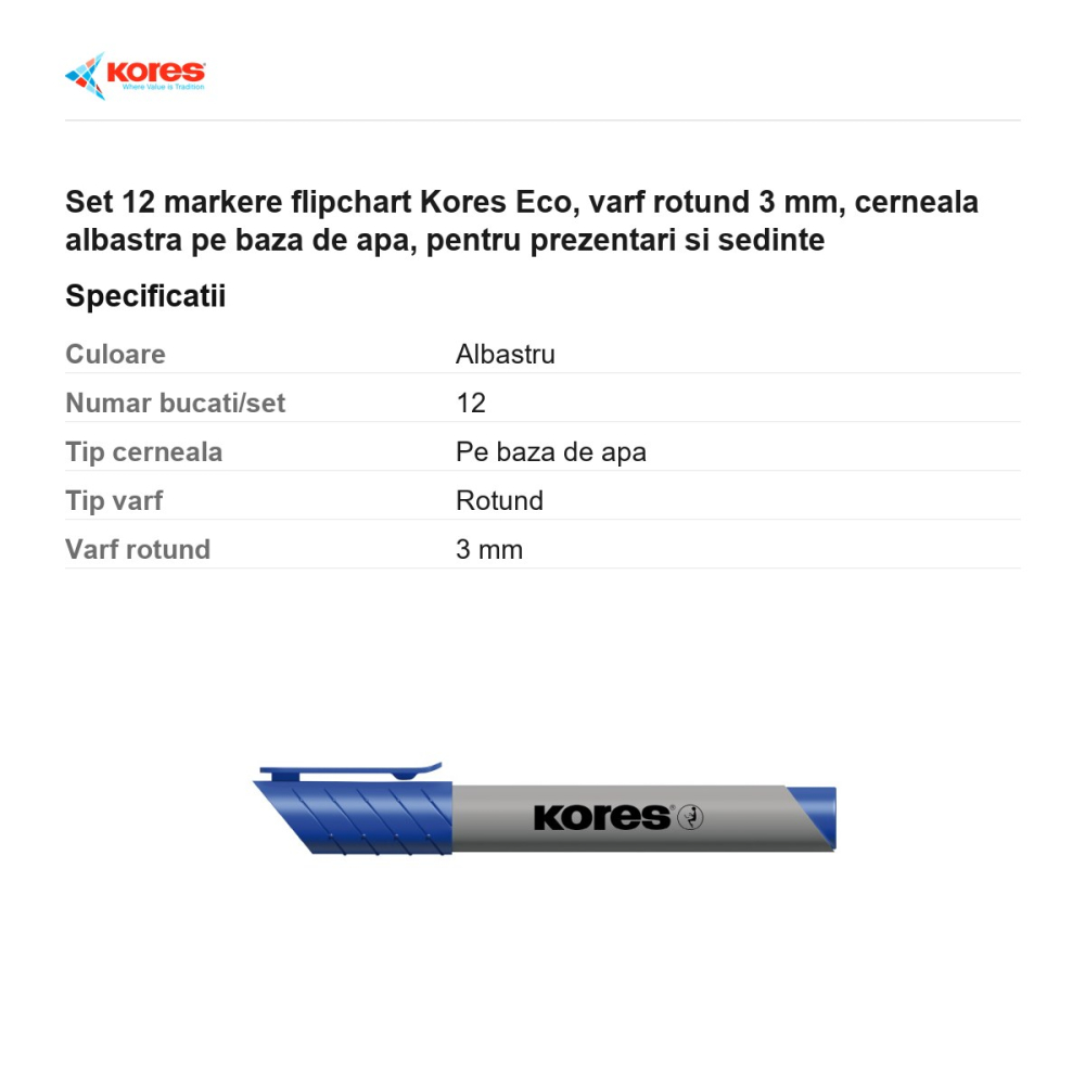 Set 12 markere flipchart Kores Eco, varf rotund 3 mm, cerneala albastra pe baza de apa, pentru prezentari si sedinte [3]