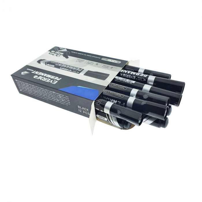 Set 12 markere negre permanente cu varf rotund 2.5mm, rezistente la apa, scriere lina, model Everyday U216, lungime 145 mm, cu capac [2]