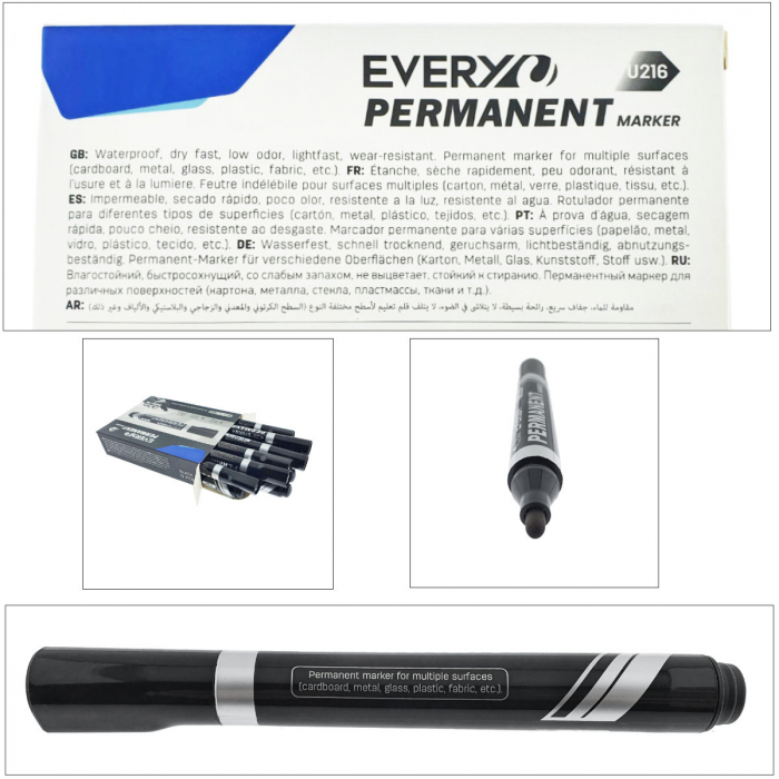 Set 12 markere negre permanente cu varf rotund 2.5mm, rezistente la apa, scriere lina, model Everyday U216, lungime 145 mm, cu capac [3]