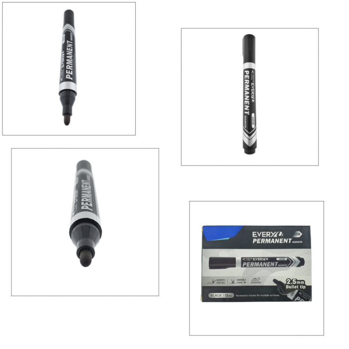 Set 12 markere negre permanente cu varf rotund 2.5mm, rezistente la apa, scriere lina, model Everyday U216, lungime 145 mm, cu capac [5]