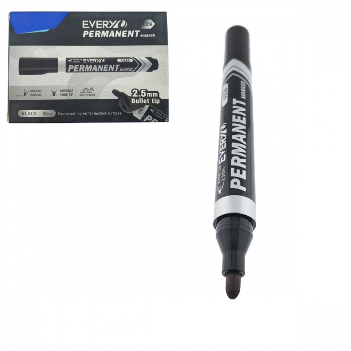 Set 12 markere negre permanente cu varf rotund 2.5mm, rezistente la apa, scriere lina, model Everyday U216, lungime 145 mm, cu capac [1]