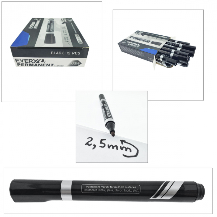 Set 12 markere negre permanente cu varf rotund 2.5mm, rezistente la apa, scriere lina, model Everyday U216, lungime 145 mm, cu capac [4]