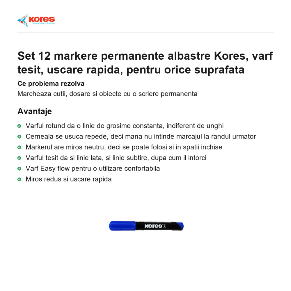 Set 12 markere permanente albastre Kores, varf tesit, uscare rapida, pentru orice suprafata [2]