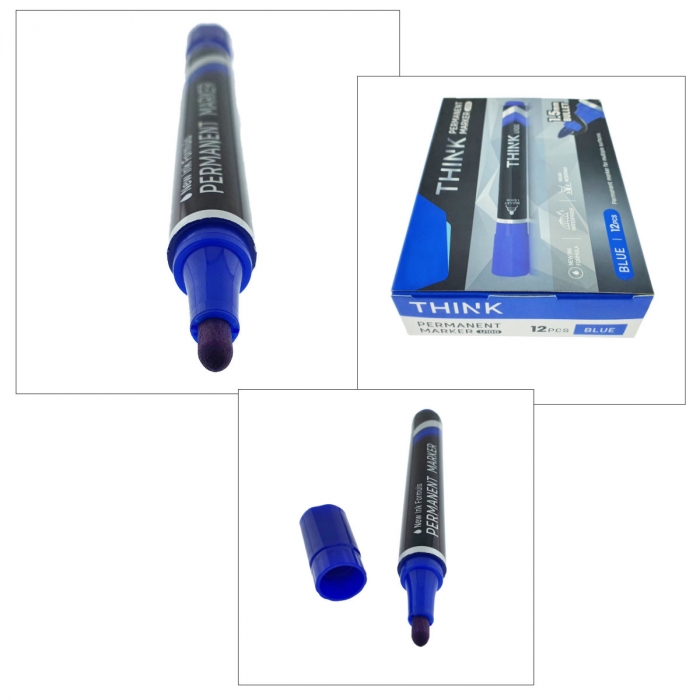 Set 12 markere permanente albastre, THINK U100, cu varf rotund 1.5MM, pentru scris pe orice suprafata [4]