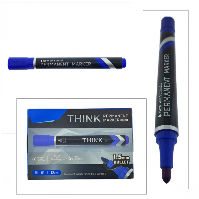 Set 12 markere permanente albastre, THINK U100, cu varf rotund 1.5MM, pentru scris pe orice suprafata [3]