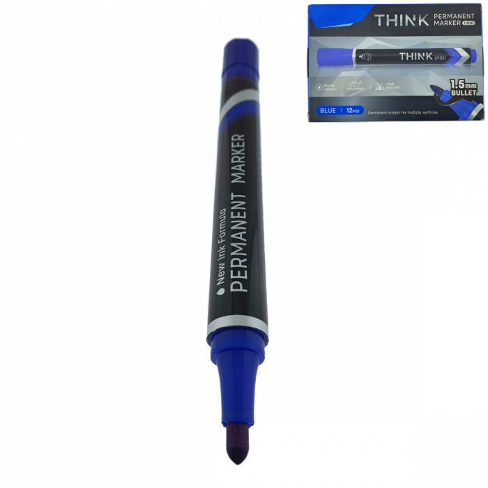Set 12 markere permanente albastre, THINK U100, cu varf rotund 1.5MM, pentru scris pe orice suprafata [1]