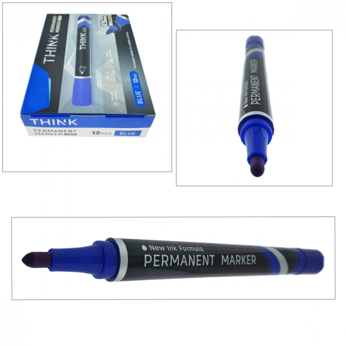 Set 12 markere permanente albastre, THINK U100, cu varf rotund 1.5MM, pentru scris pe orice suprafata [2]