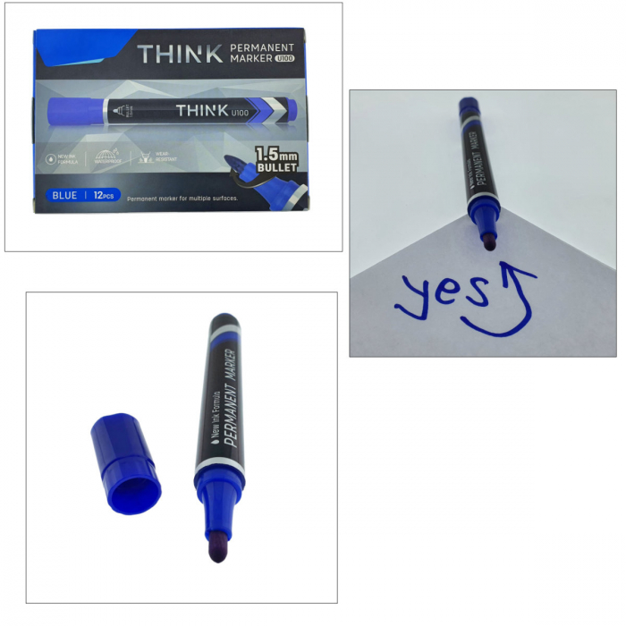 Set 12 markere permanente albastre, THINK U100, cu varf rotund 1.5MM, pentru scris pe orice suprafata [5]