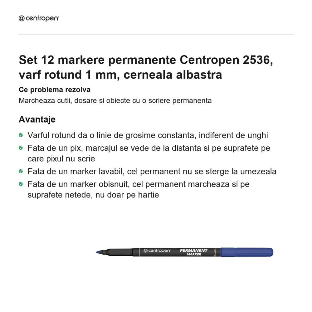 Set 12 markere permanente Centropen 2536, varf rotund 1 mm, cerneala albastra [2]