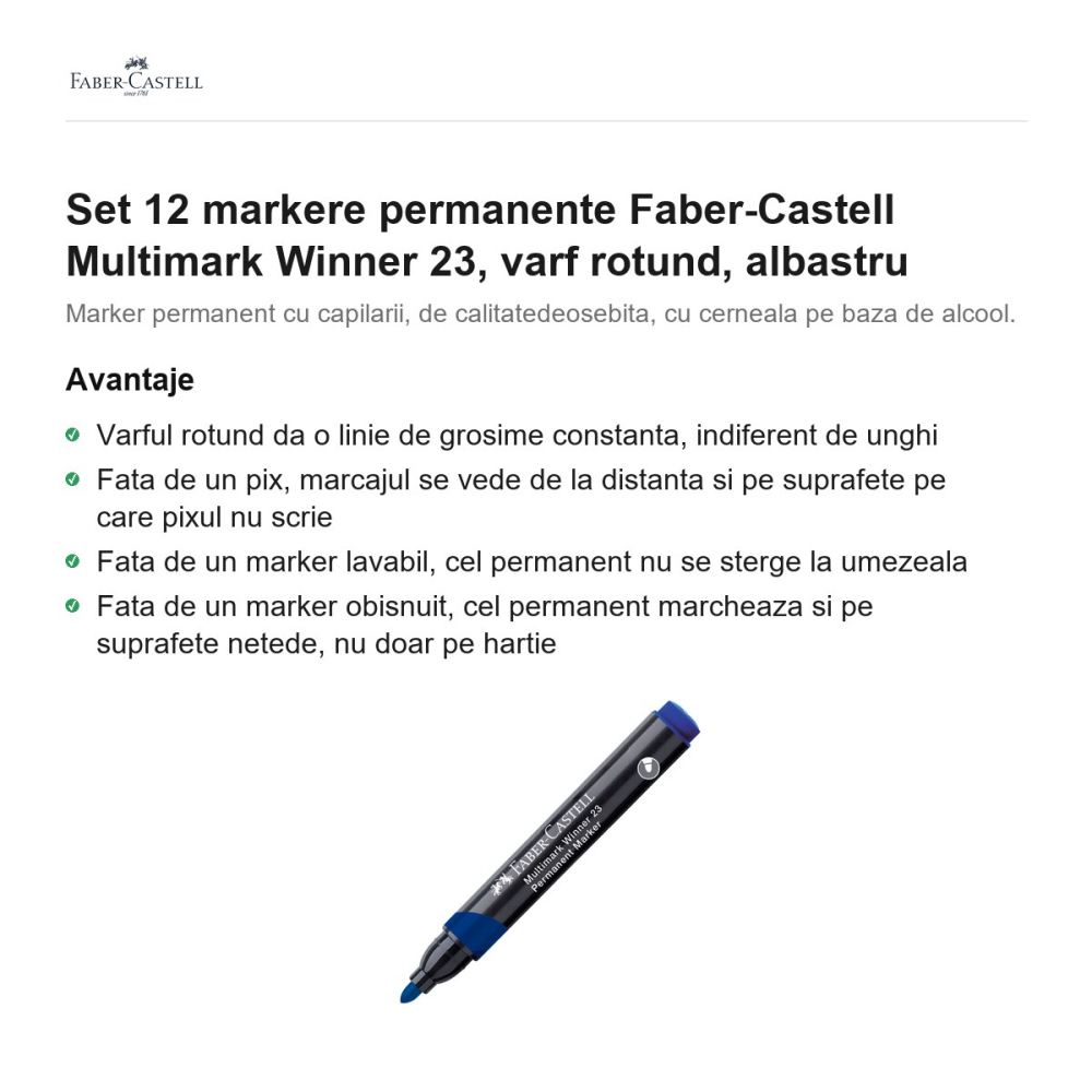 Set 12 markere permanente Faber-Castell Multimark Winner 23, varf rotund, albastru [2]