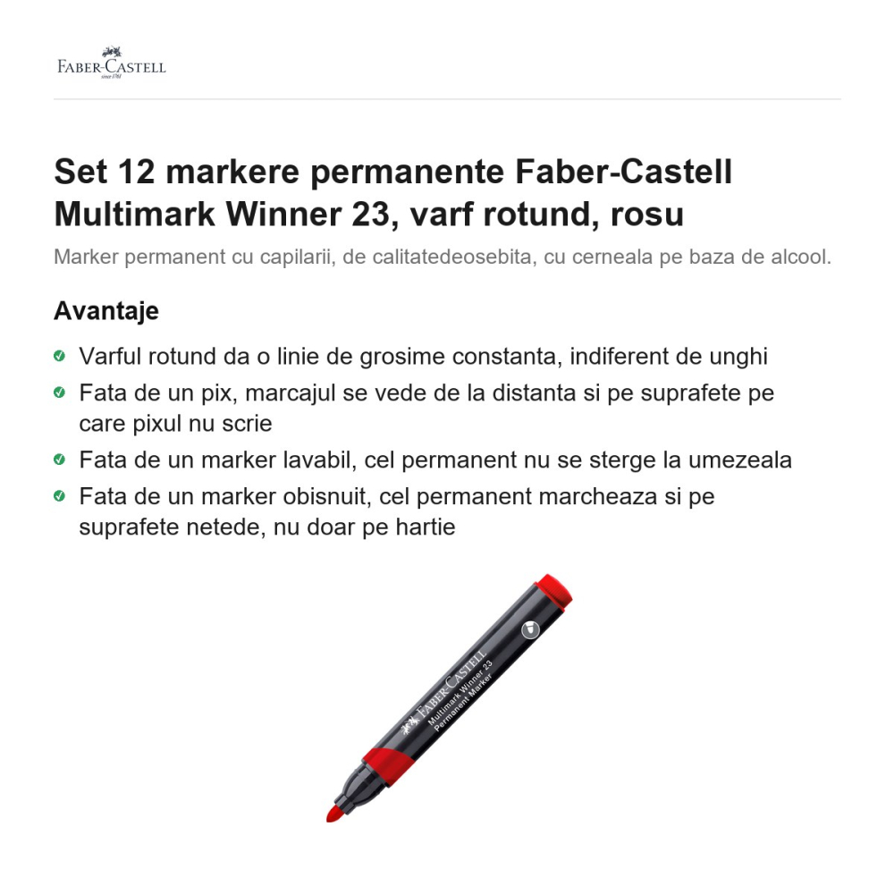 Set 12 markere permanente Faber-Castell Multimark Winner 23, varf rotund, rosu [2]