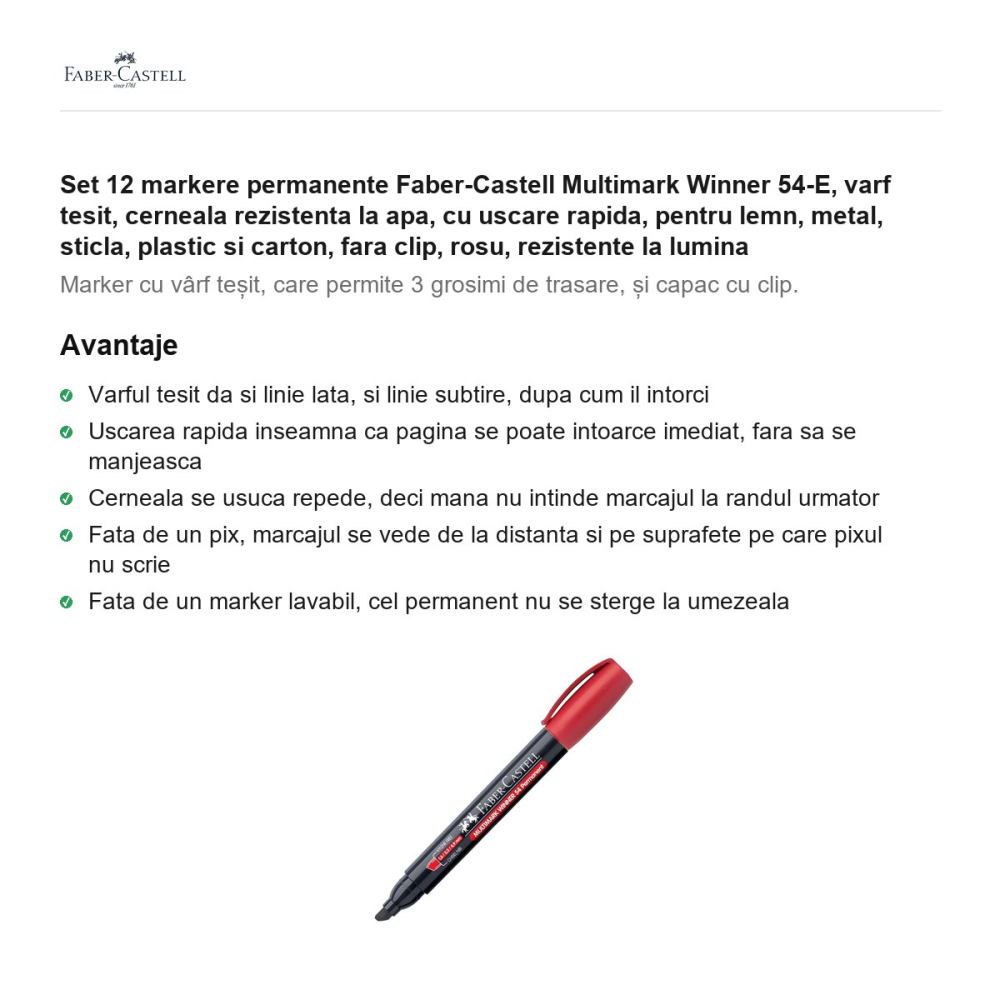 Set 12 markere permanente Faber-Castell Multimark Winner 54-E, varf tesit, cerneala rezistenta la apa, cu uscare rapida, pentru lemn, metal, sticla, plastic si carton, fara clip, rosu [2]