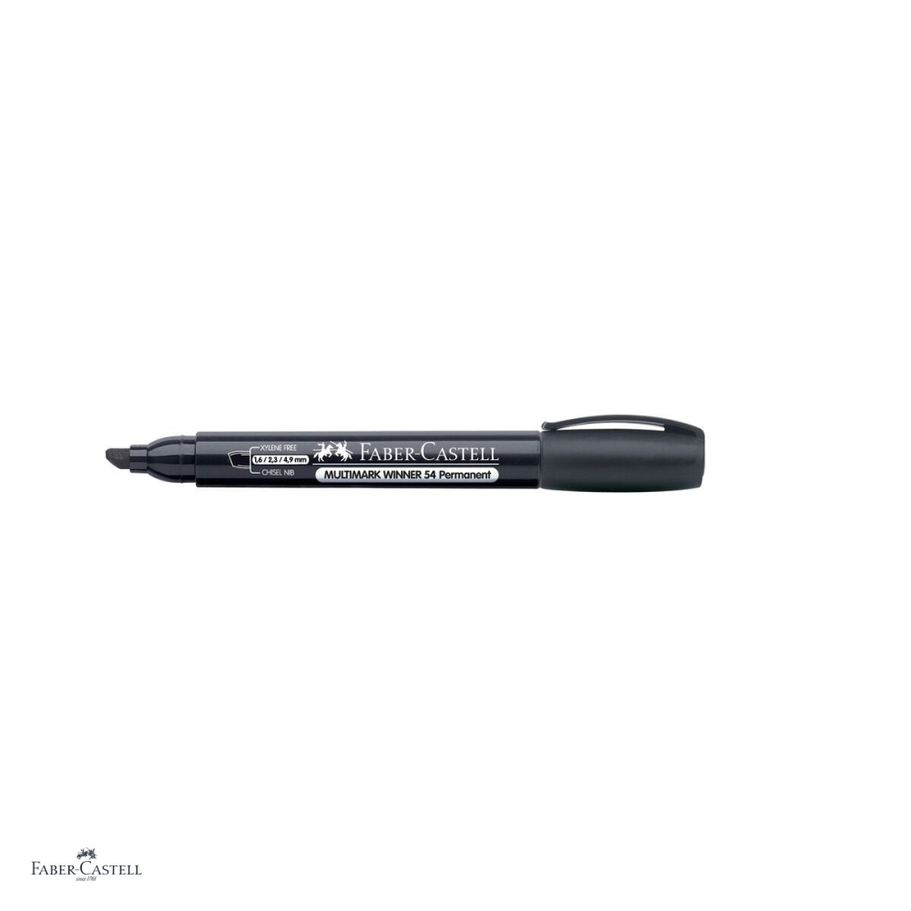 Set 12 markere permanente Faber-Castell Multimark Winner 54-E, varf tesit, cerneala rezistenta la apa, cu uscare rapida, pentru lemn, metal, sticla, plastic si carton, fara clip, negru [4]