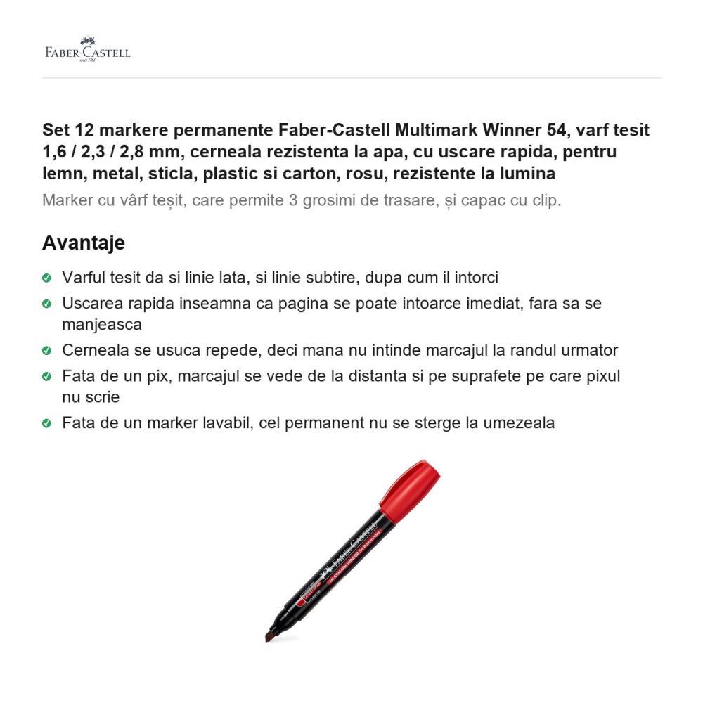 Set 12 markere permanente Faber-Castell Multimark Winner 54, varf tesit 1,6 / 2,3 / 2,8 mm, cerneala rezistenta la apa, cu uscare rapida, pentru lemn, metal, sticla, plastic si carton, rosu [2]