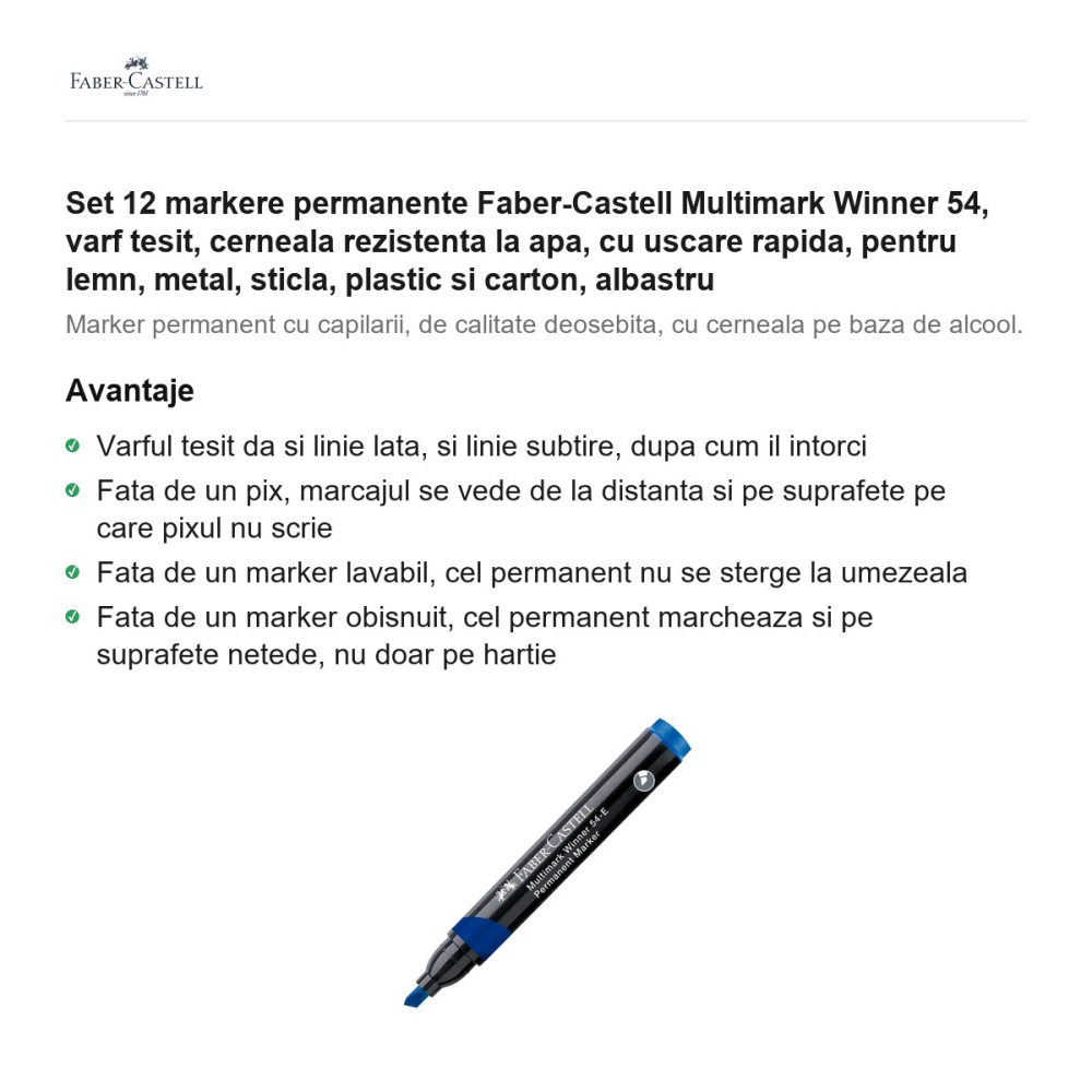 Set 12 markere permanente Faber-Castell Multimark Winner 54, varf tesit, cerneala rezistenta la apa, cu uscare rapida, pentru lemn, metal, sticla, plastic si carton, albastru [2]
