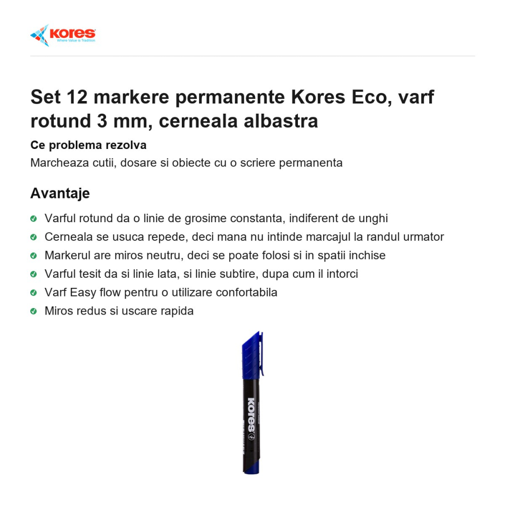Set 12 markere permanente Kores Eco, varf rotund 3 mm, cerneala albastra [2]