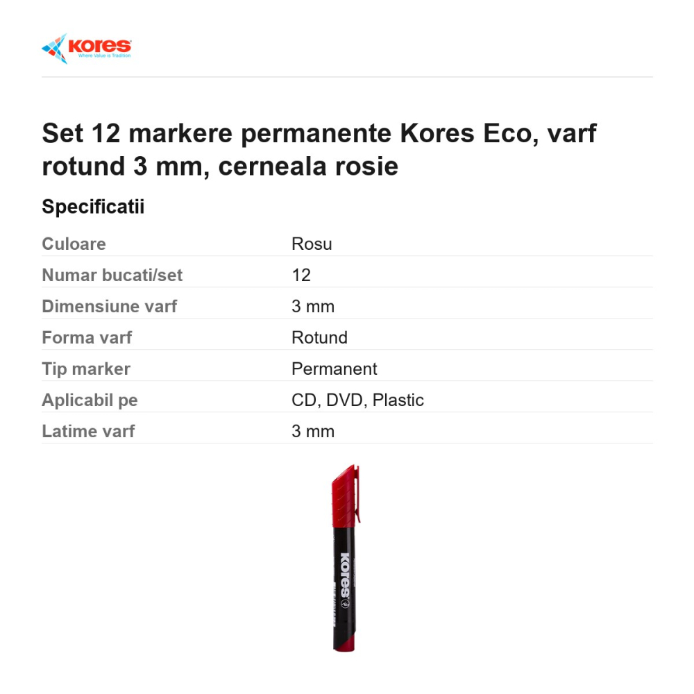 Set 12 markere permanente Kores Eco, varf rotund 3 mm, cerneala rosie [3]