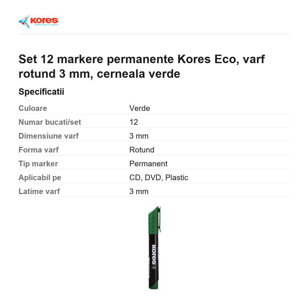 Set 12 markere permanente Kores Eco, varf rotund 3 mm, cerneala verde [3]
