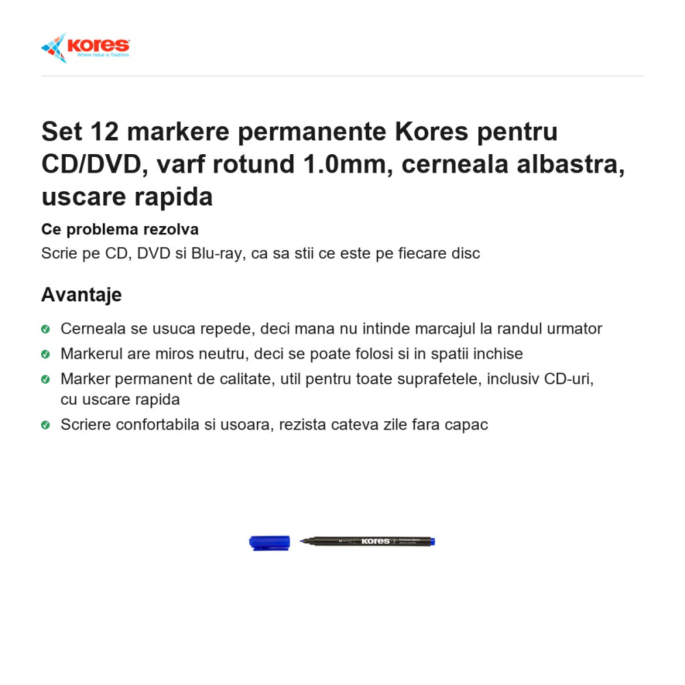 Set 12 markere permanente Kores pentru CD/DVD, varf rotund 1.0mm, cerneala albastra, uscare rapida [2]