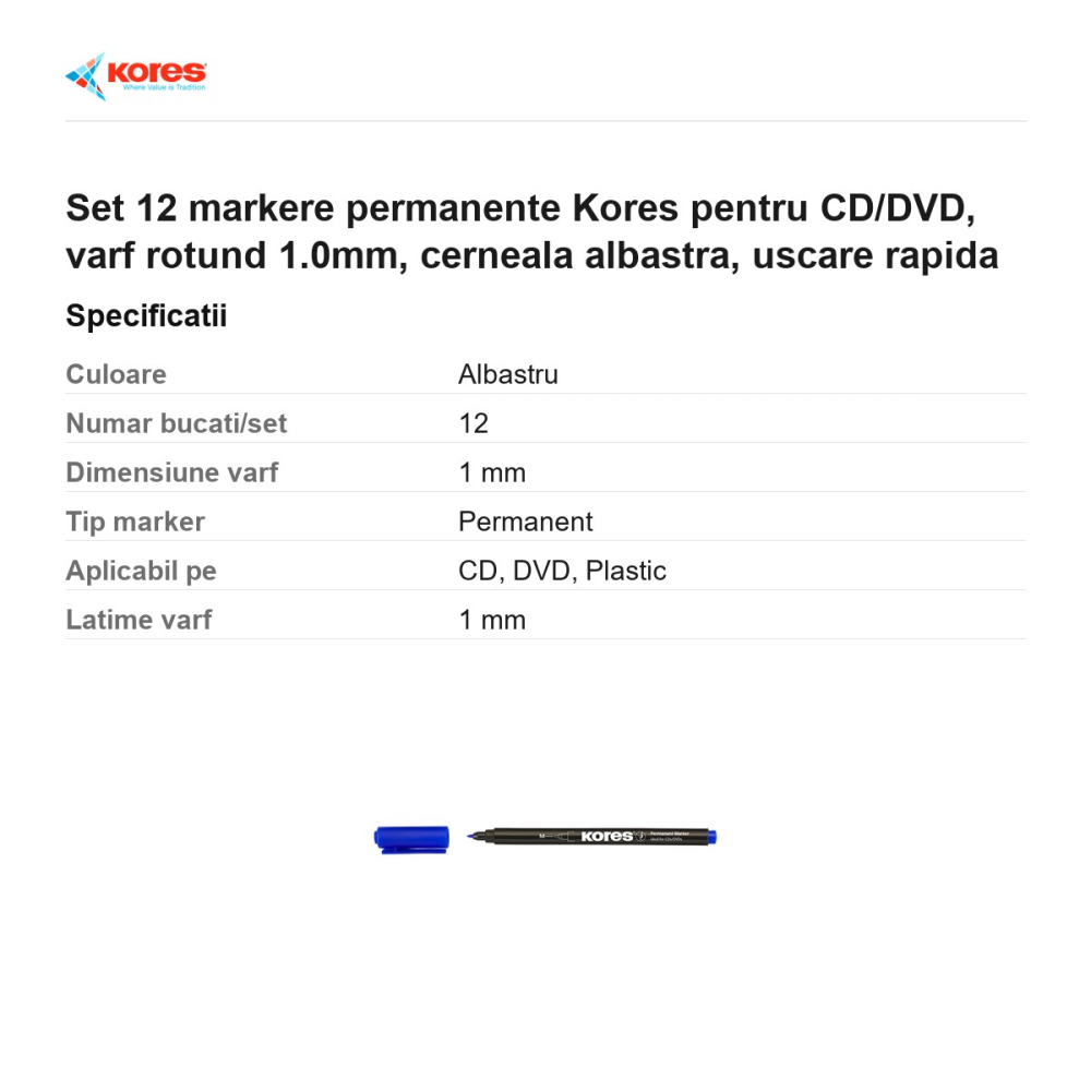 Set 12 markere permanente Kores pentru CD/DVD, varf rotund 1.0mm, cerneala albastra, uscare rapida [3]