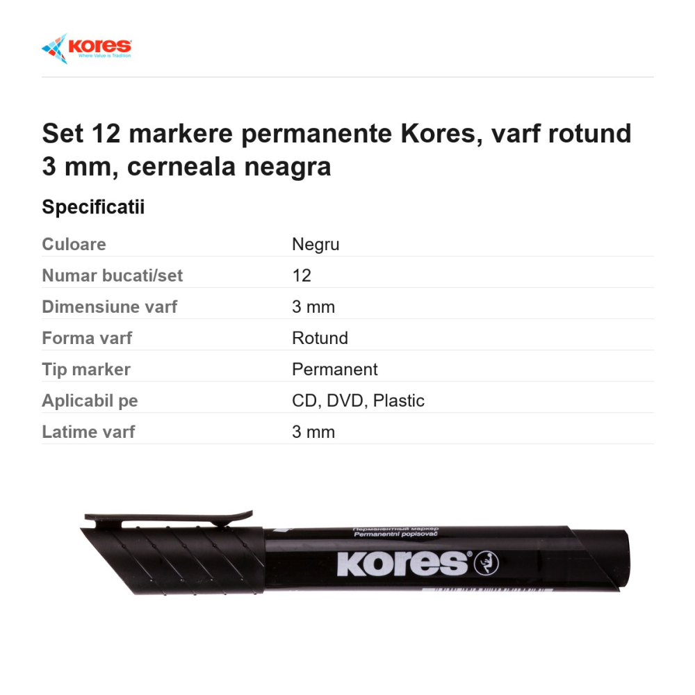 Set 12 markere permanente Kores, varf rotund 3 mm, cerneala neagra [3]