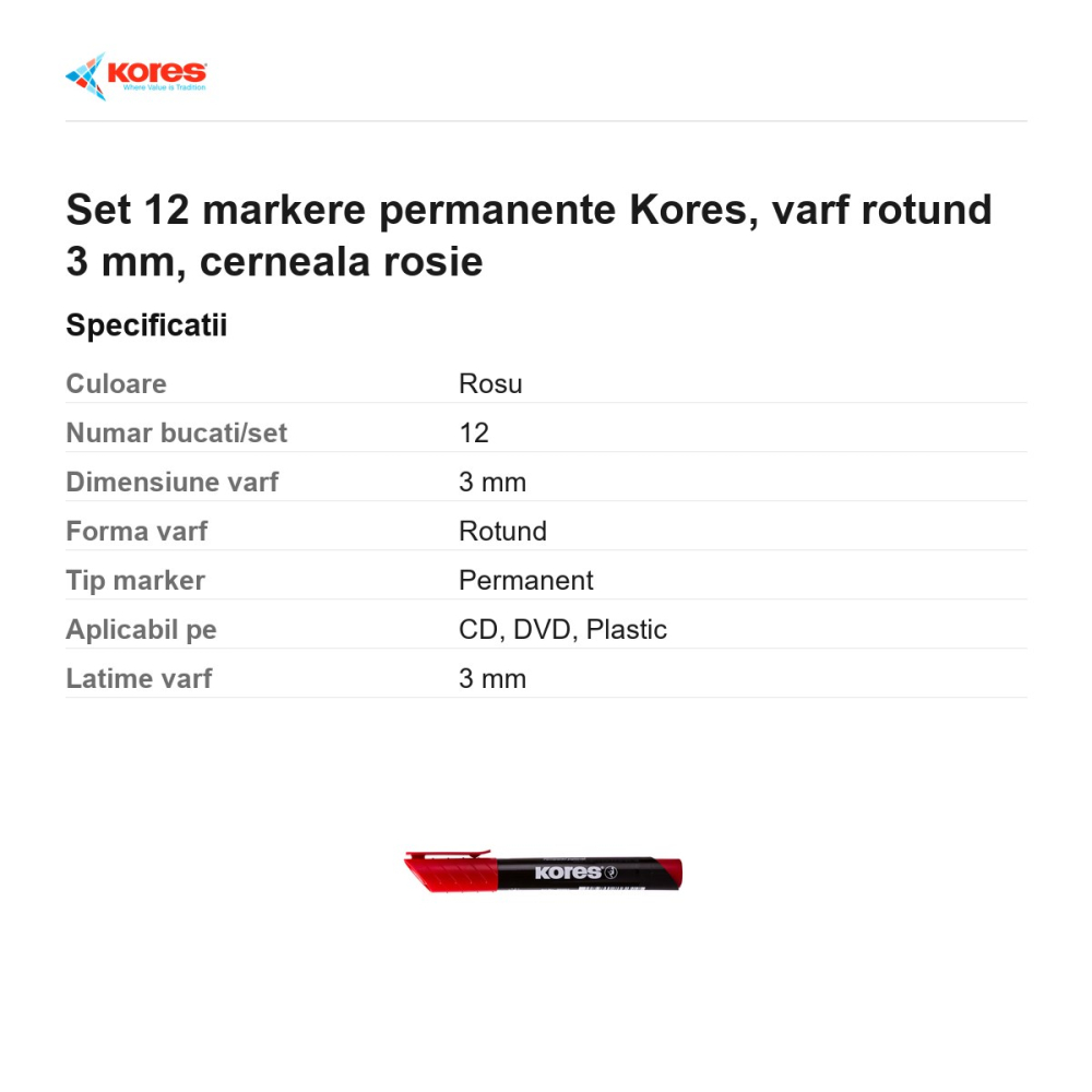 Set 12 markere permanente Kores, varf rotund 3 mm, cerneala rosie [3]