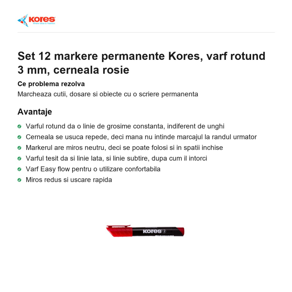 Set 12 markere permanente Kores, varf rotund 3 mm, cerneala rosie [2]