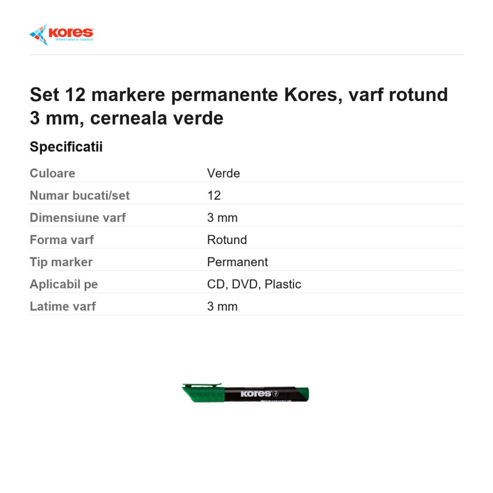Set 12 markere permanente Kores, varf rotund 3 mm, cerneala verde [3]