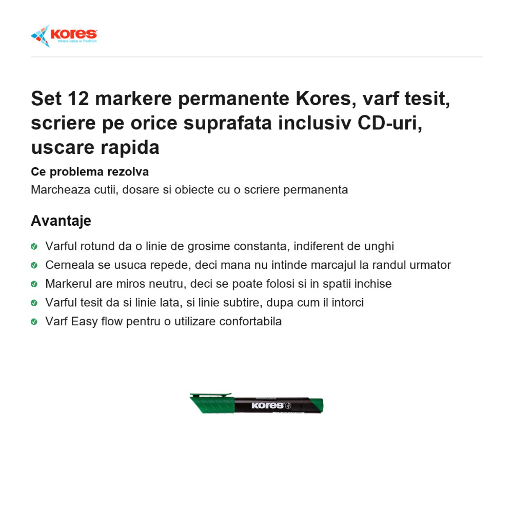 Set 12 markere permanente Kores, varf tesit, scriere pe orice suprafata inclusiv CD-uri, uscare rapida [2]