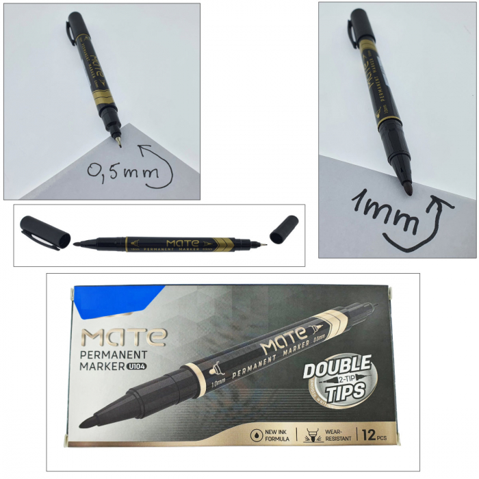 Set 12 markere permanente negre cu 2 varfuri de 0.5mm si 1mm, pentru suprafete diverse [3]