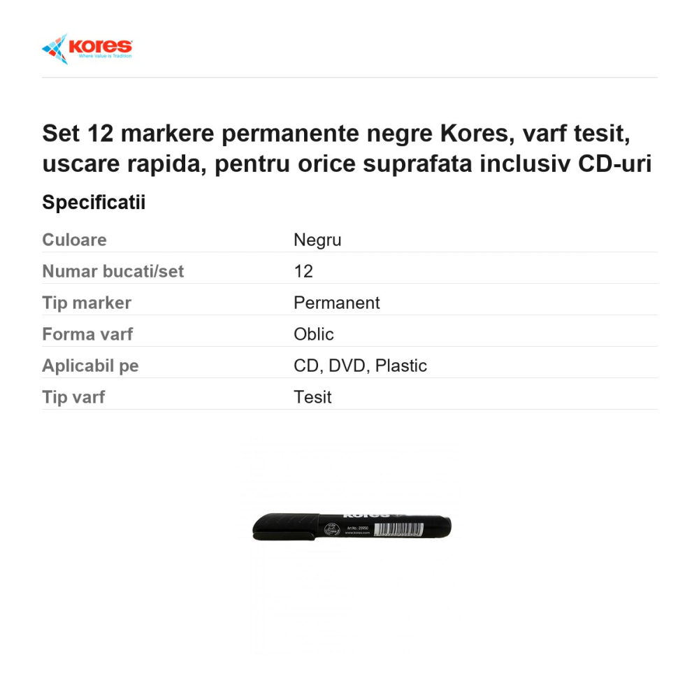 Set 12 markere permanente negre Kores, varf tesit, uscare rapida, pentru orice suprafata inclusiv CD-uri [3]
