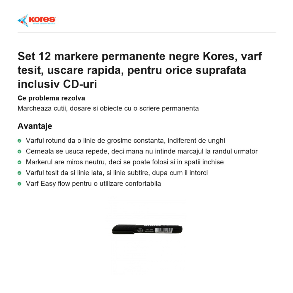 Set 12 markere permanente negre Kores, varf tesit, uscare rapida, pentru orice suprafata inclusiv CD-uri [2]