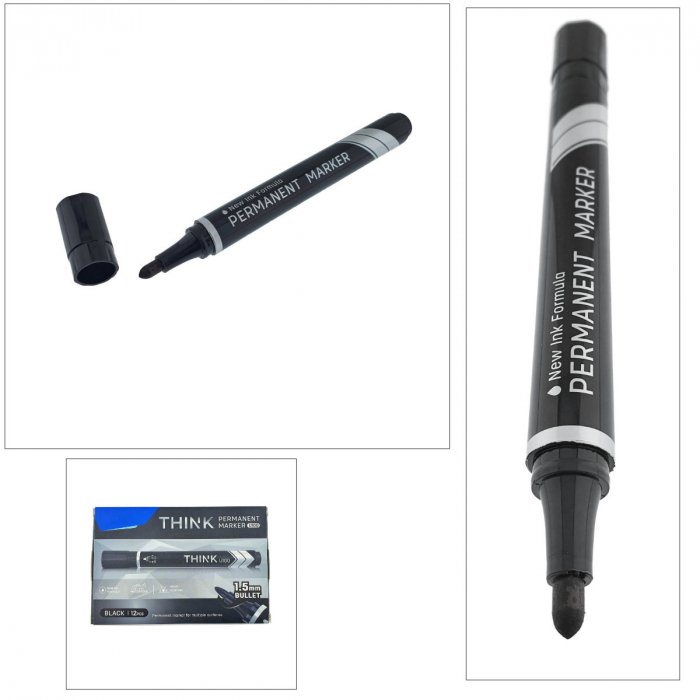 Set 12 markere permanente negre, THINK U100, cu varf rotund 1.5MM, pentru scris pe orice suprafata [2]