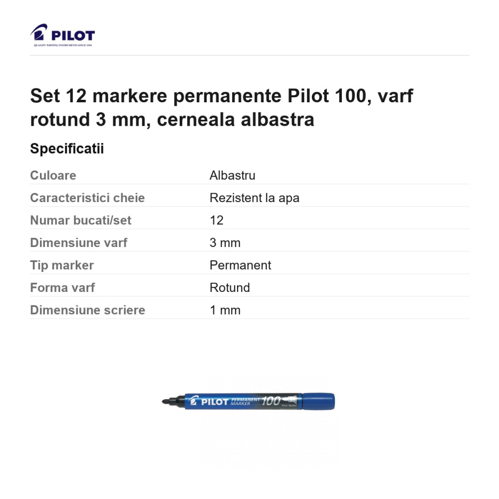 Set 12 markere permanente Pilot 100, varf rotund 3 mm, cerneala albastra [3]