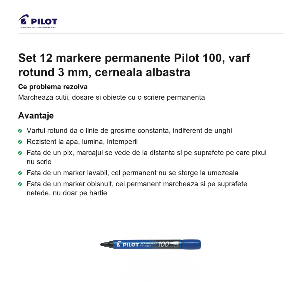 Set 12 markere permanente Pilot 100, varf rotund 3 mm, cerneala albastra [2]