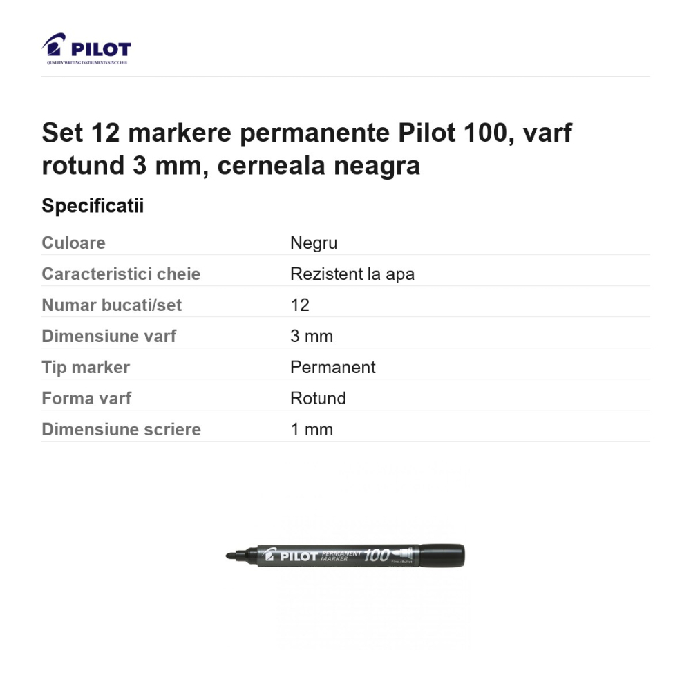 Set 12 markere permanente Pilot 100, varf rotund 3 mm, cerneala neagra [3]