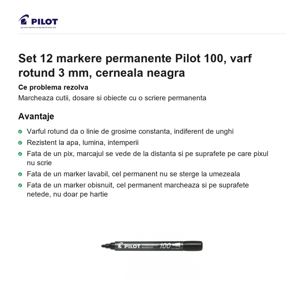 Set 12 markere permanente Pilot 100, varf rotund 3 mm, cerneala neagra [2]