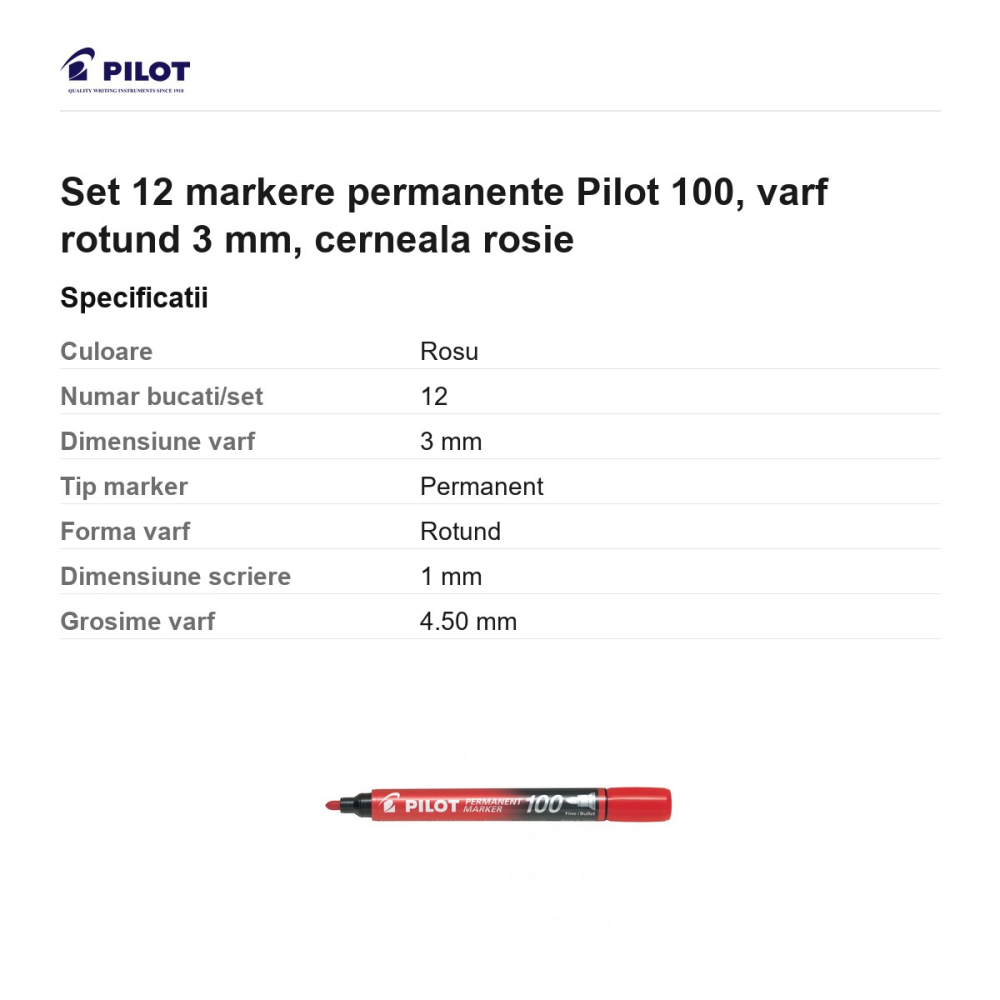 Set 12 markere permanente Pilot 100, varf rotund 3 mm, cerneala rosie [3]