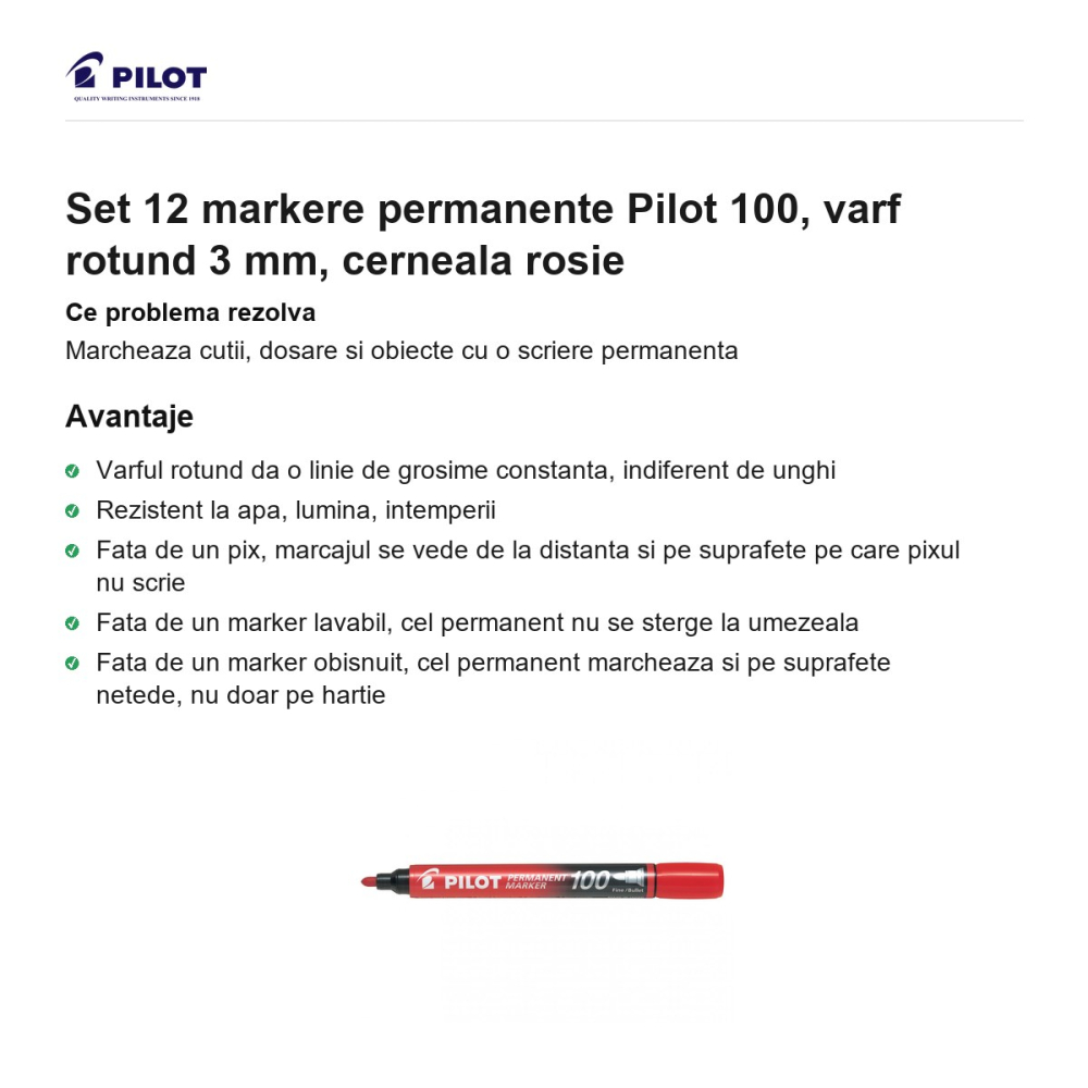 Set 12 markere permanente Pilot 100, varf rotund 3 mm, cerneala rosie [2]