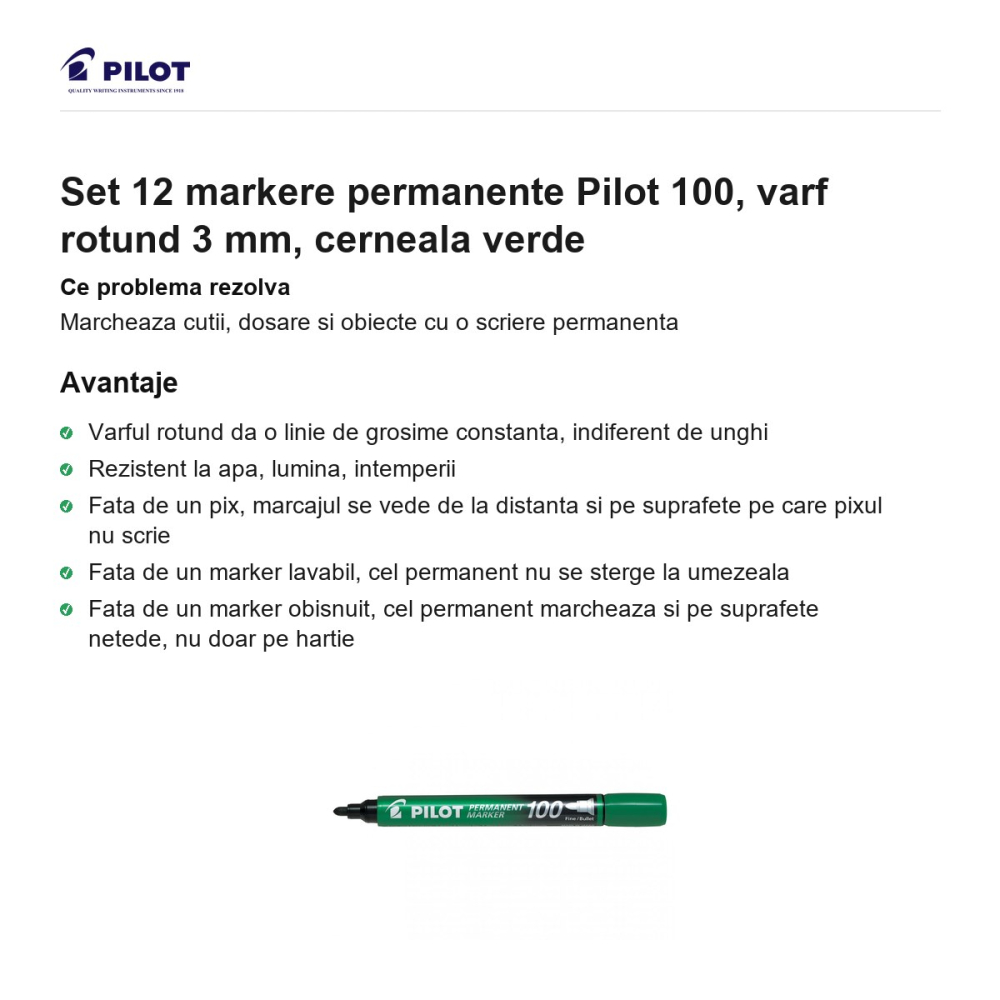 Set 12 markere permanente Pilot 100, varf rotund 3 mm, cerneala verde [2]