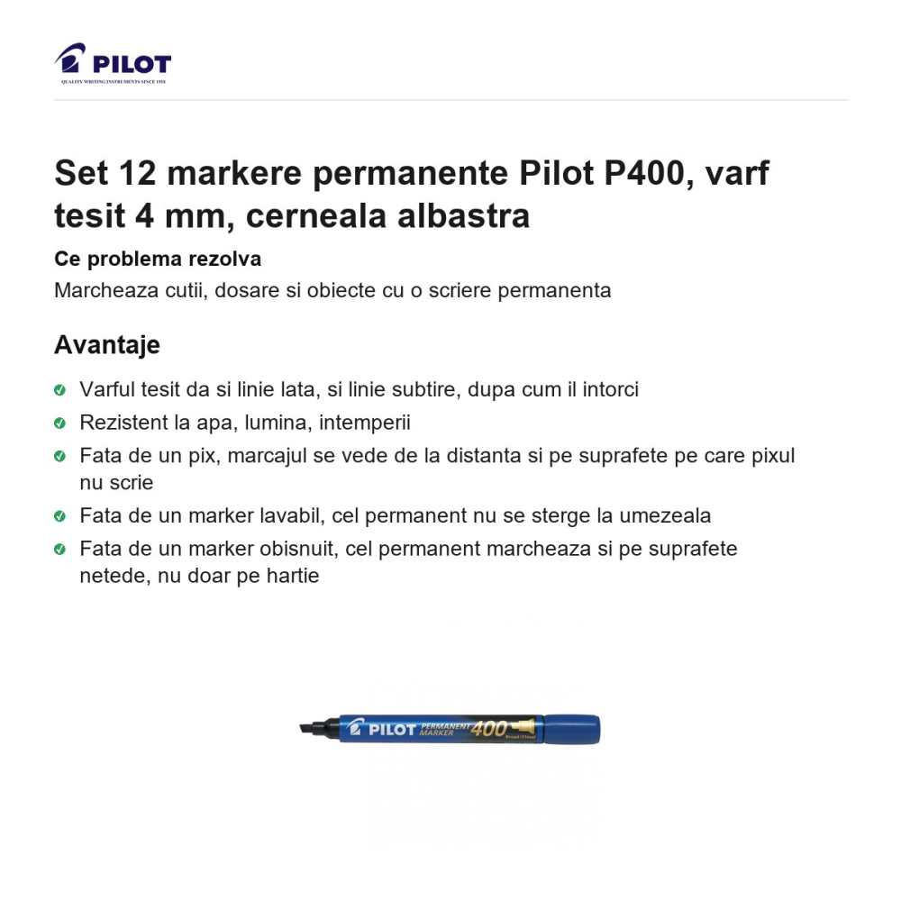 Set 12 markere permanente Pilot P400, varf tesit 4 mm, cerneala albastra [2]