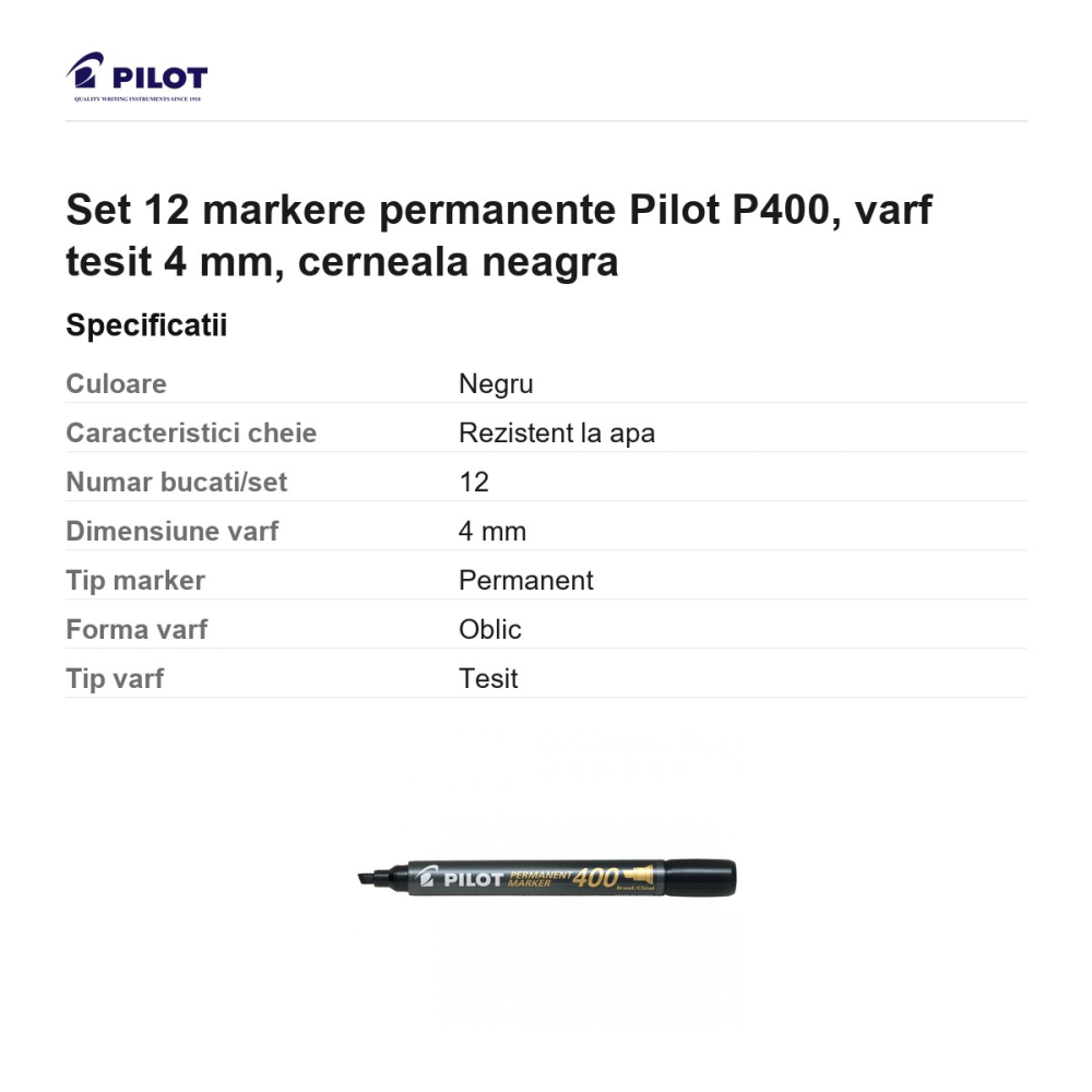 Set 12 markere permanente Pilot P400, varf tesit 4 mm, cerneala neagra [3]