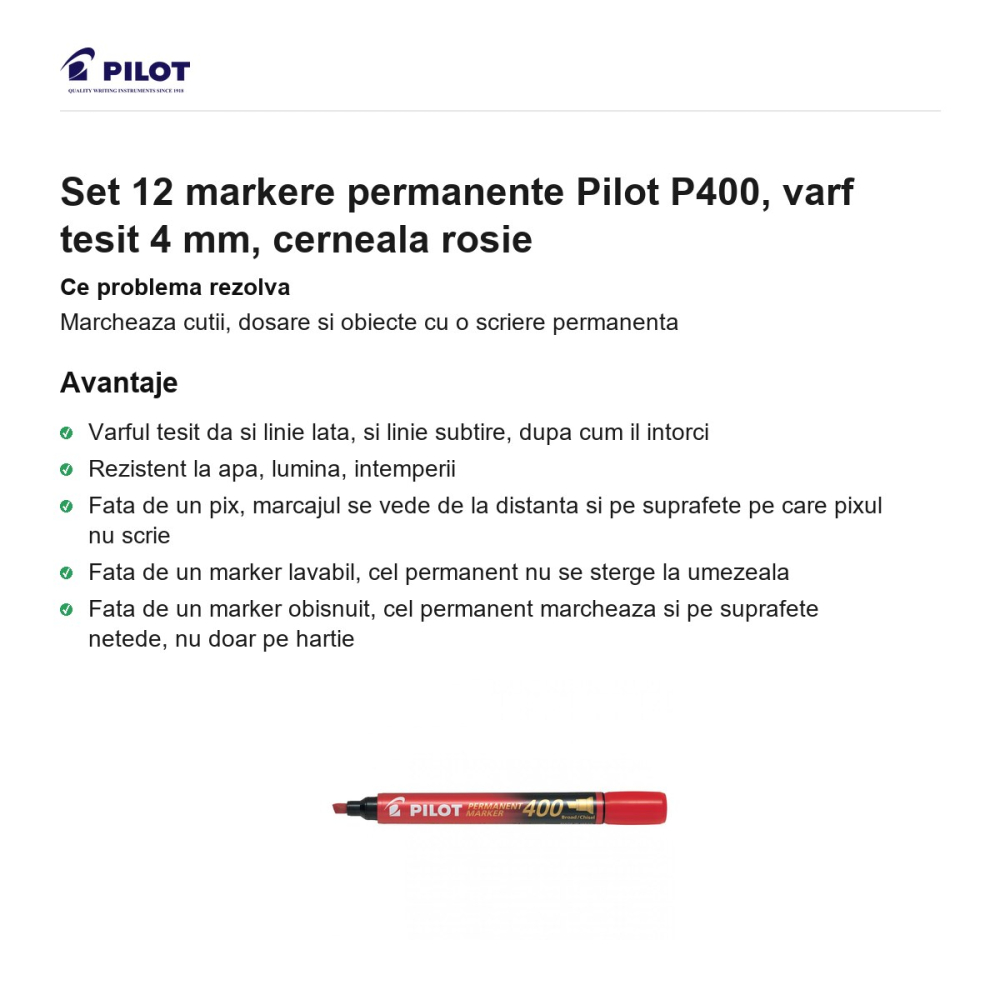 Set 12 markere permanente Pilot P400, varf tesit 4 mm, cerneala rosie [2]