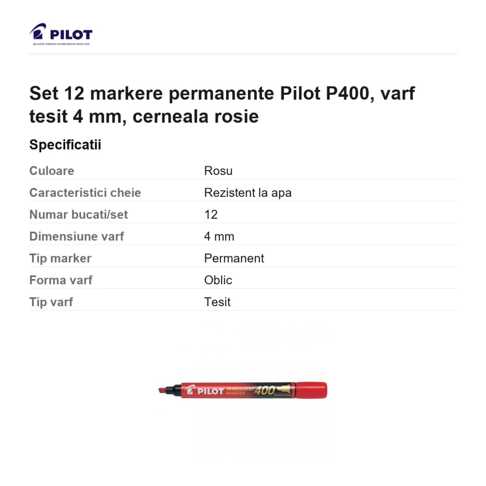 Set 12 markere permanente Pilot P400, varf tesit 4 mm, cerneala rosie [3]