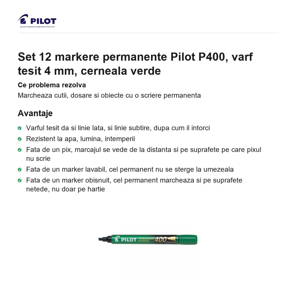 Set 12 markere permanente Pilot P400, varf tesit 4 mm, cerneala verde [2]